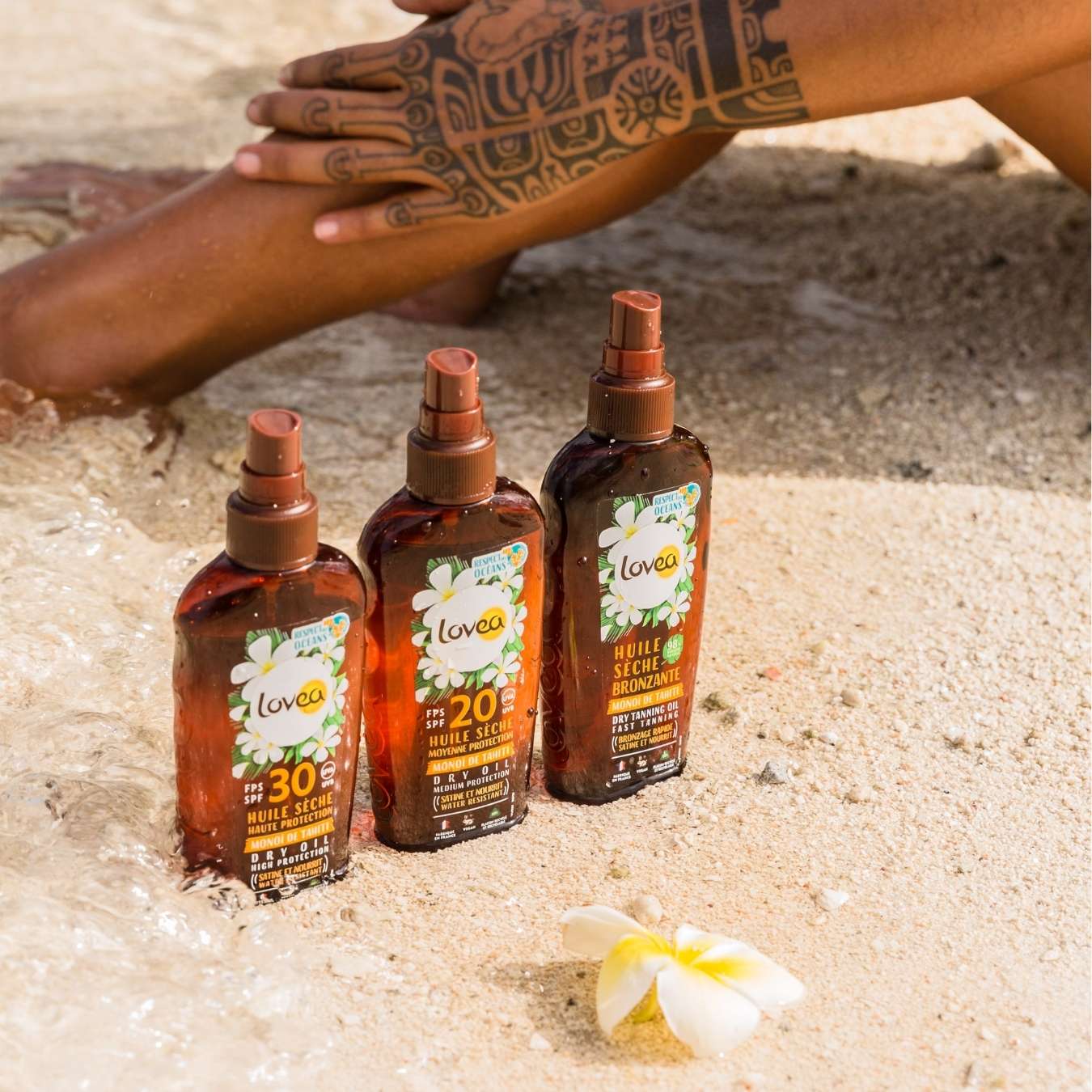 Huile sèche Lovea haute protection SPF 30, idéale pour le corps et les cheveux, soin solaire.