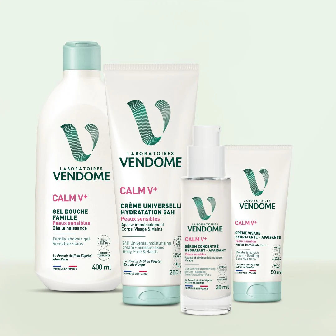 Gamme complète V calm visage, sérum, crème hydratante, nettoyant doux pour peau sensible.