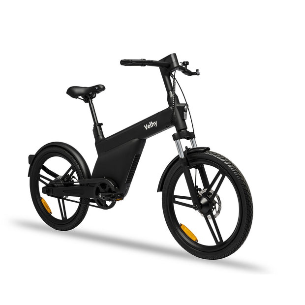 Vélo à hydrogène velhy Stellar futuriste en carbone, design élégant, autonomie longue, innovation technologique.
