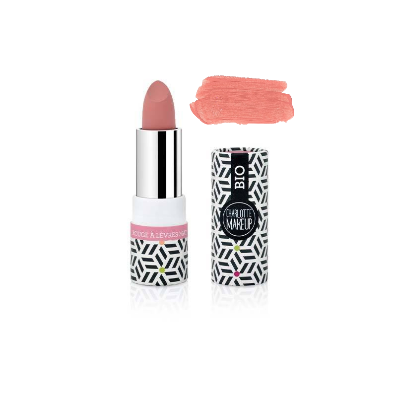 Rouge à lèvres mat Charlotte Makeup bio, teinte rose girly, hydratant et longue tenue pour un look naturel.